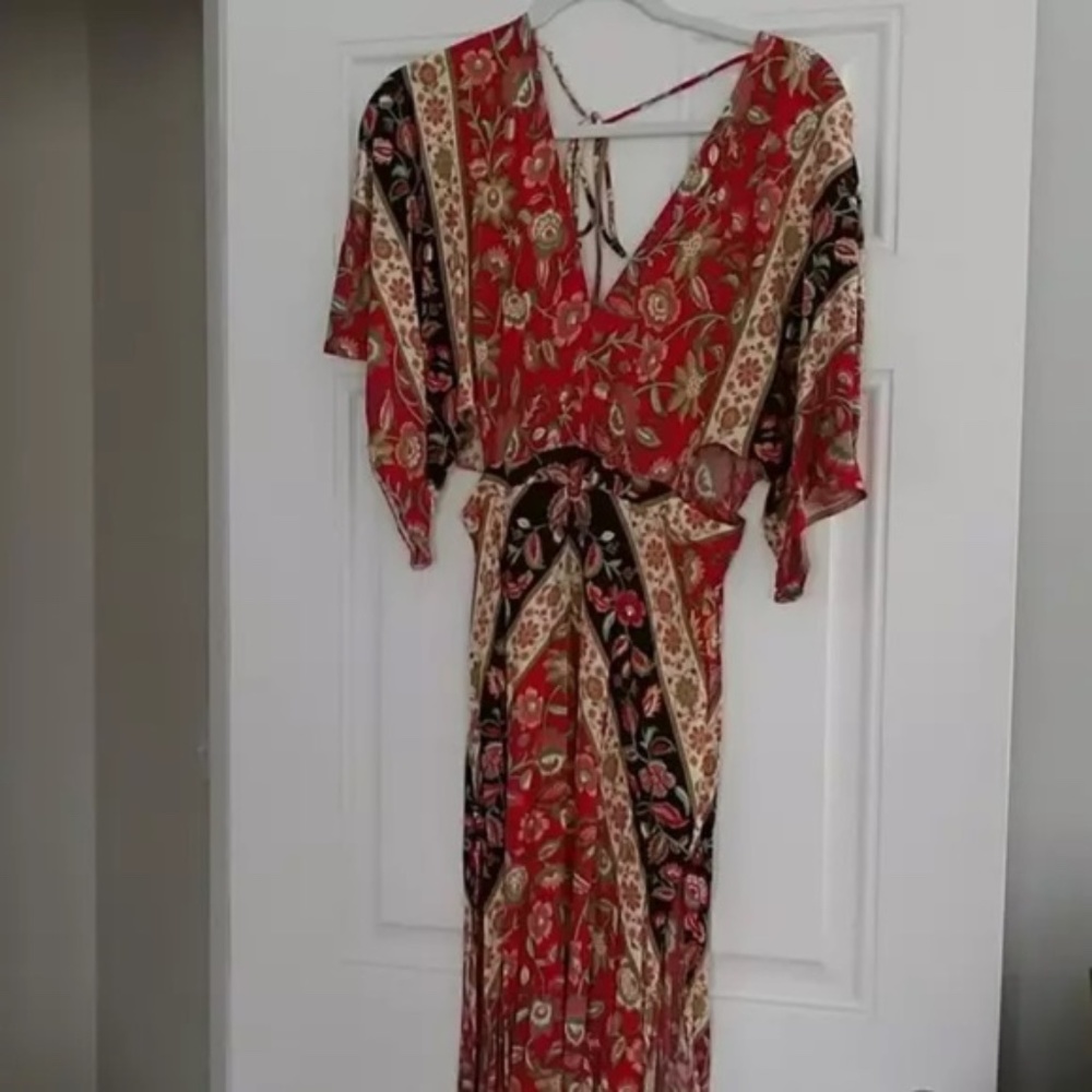 SOLD OUT Red Bohemian Floral Open Back Kimono Maxi Dress - Picture 6 of 6
